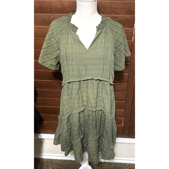 Entro Ruffle Tiered Dress Sz M Cottagecore olive green gauzy FLAW - Picture 1 of 9